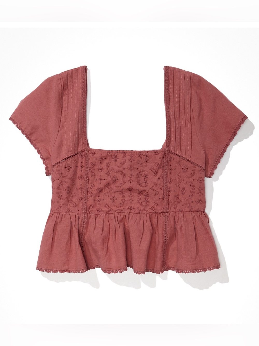American Eagle Pink Embroidered/Eyelet Style Cropped Top in a cotton blend